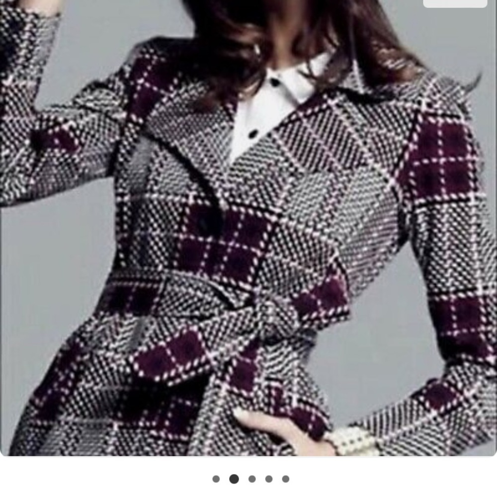 CAbi Burgundy and White Plaid Trench Coat